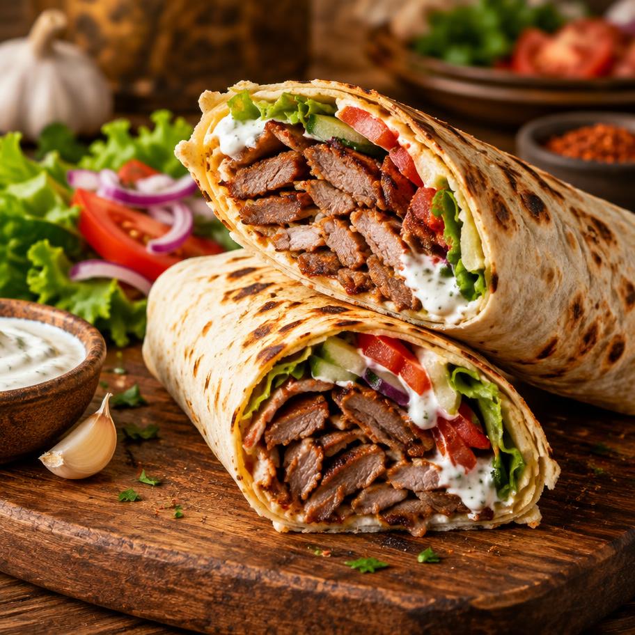 Dürüm mit Dönerfleisch, frischem Salat und Sauce