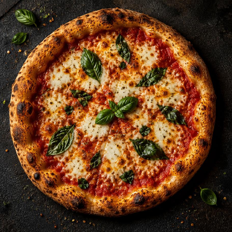 Frisch gebackene Pizza mit Käse, Tomatensauce und Basilikum