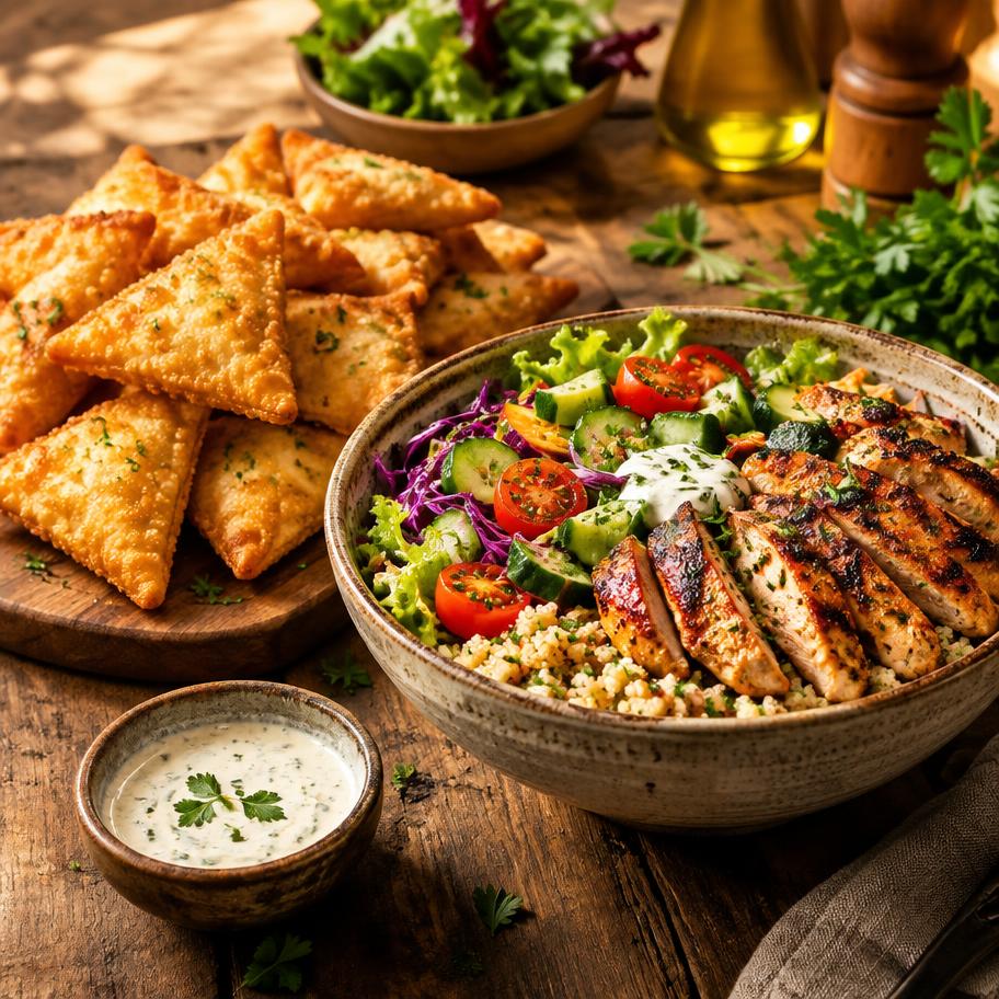 Knusprige Snacks und eine frische Bowl