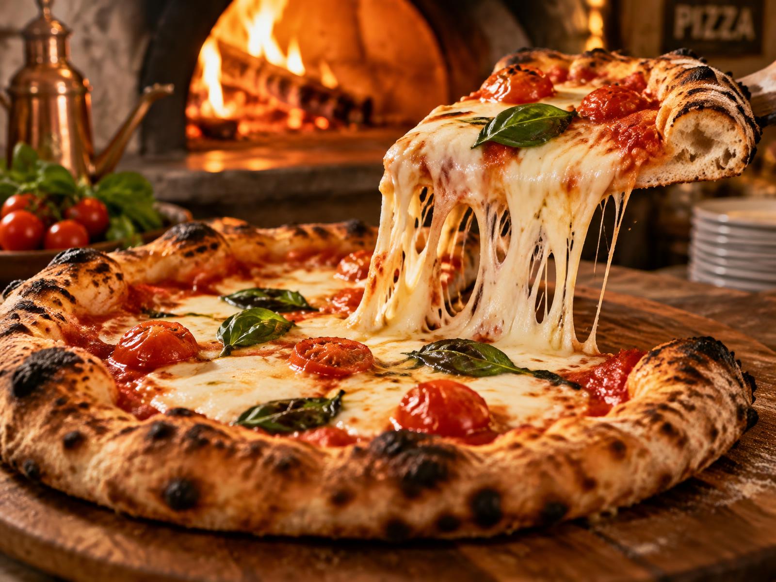 Frisch gebackene Pizza mit Käsezug aus dem Steinofen