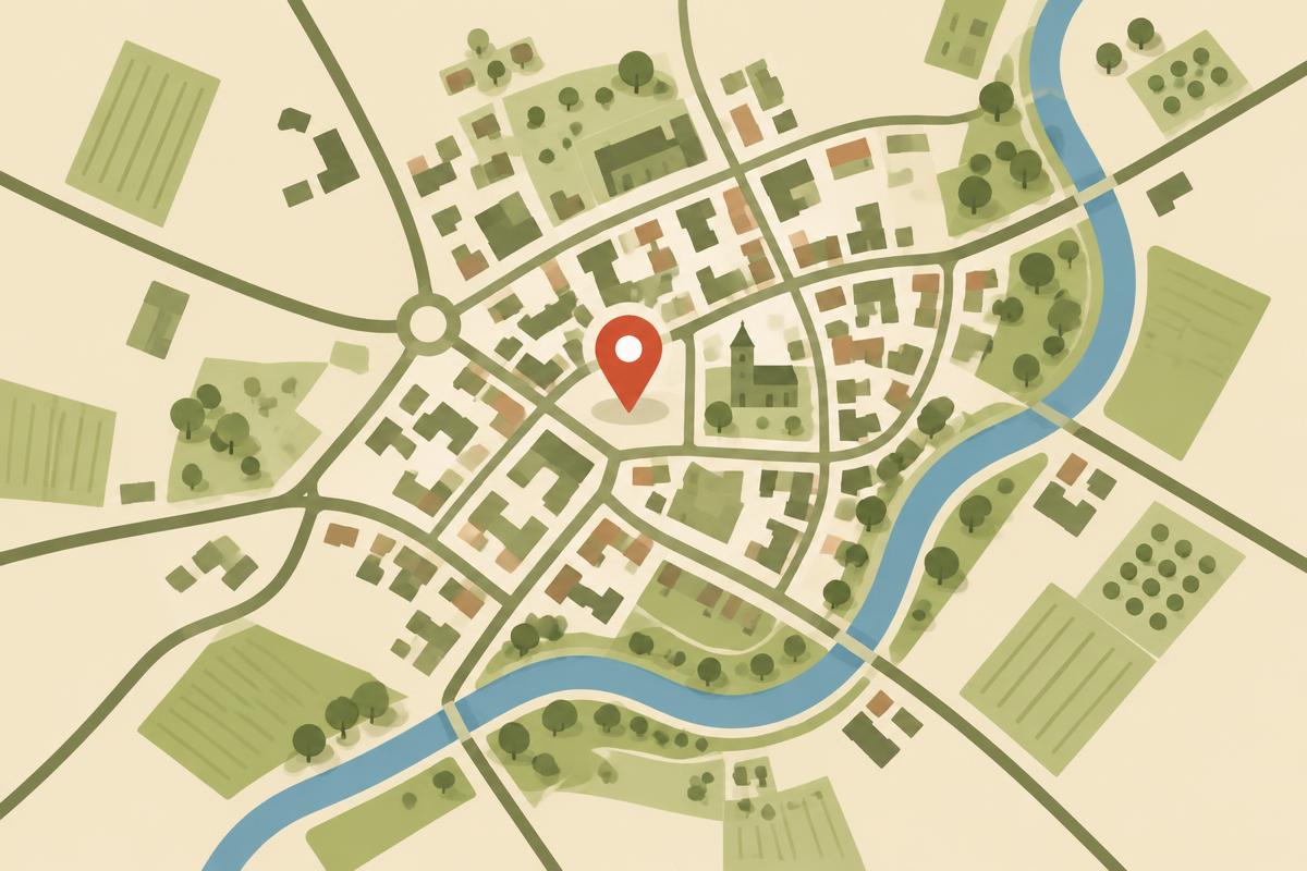 Stilisierte Karte von Detmold-Heiligenkirchen mit Markierung der Heiligenkirchener Pizzeria